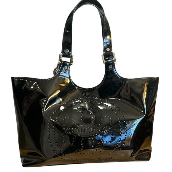 Vtg Tory Burch Perforated Logo Patent Tote Bag Purse Black Career Work Carry All - Picture 13 of 13